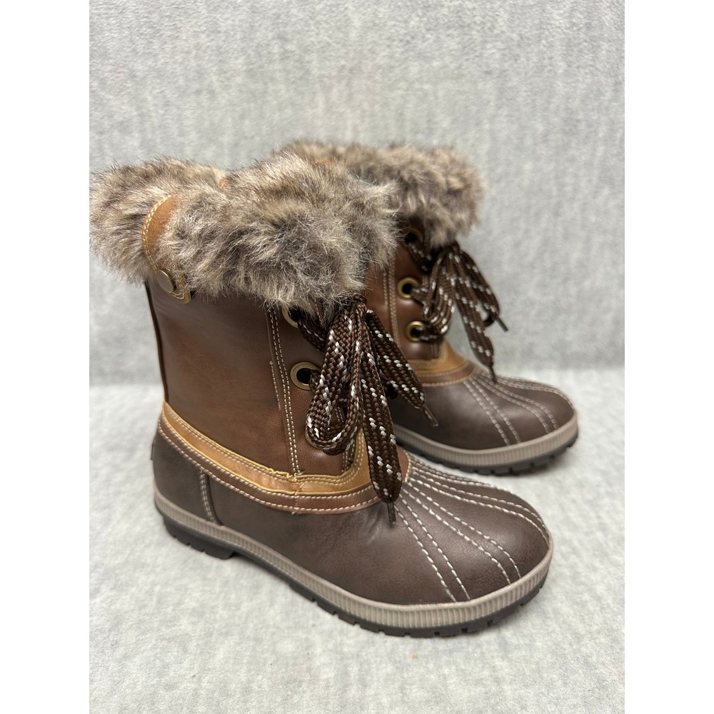 London Fog Milly Duck Boots Brown Faux Fur Trim Sz 9 Lace Up Winter Snow PLV028